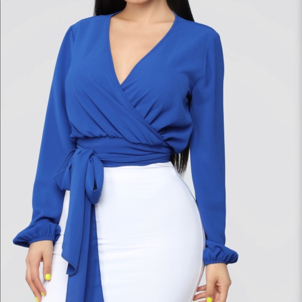 Blue side tie blouse